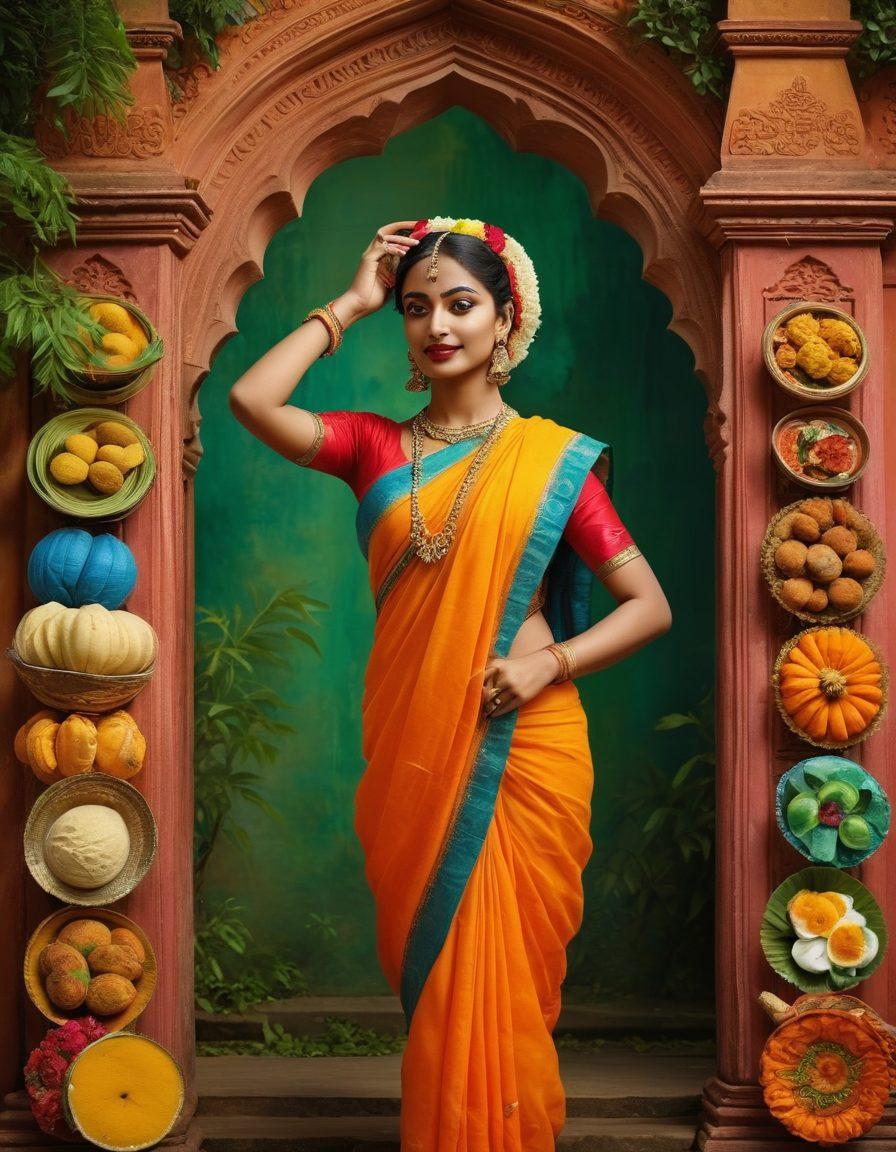 A vibrant collage depicting the essence of Bengali culture, featuring traditional dancers in colorful sarees, iconic Bengali sweets like roshogolla, and scenes from joyful festivals such as Durga Puja. The background should showcase the lush greenery of rural Bengal and historic architecture. Accentuate the rich colors and intricate patterns to evoke a sense of warmth and celebration. super-realistic. vibrant colors. intricate details.
