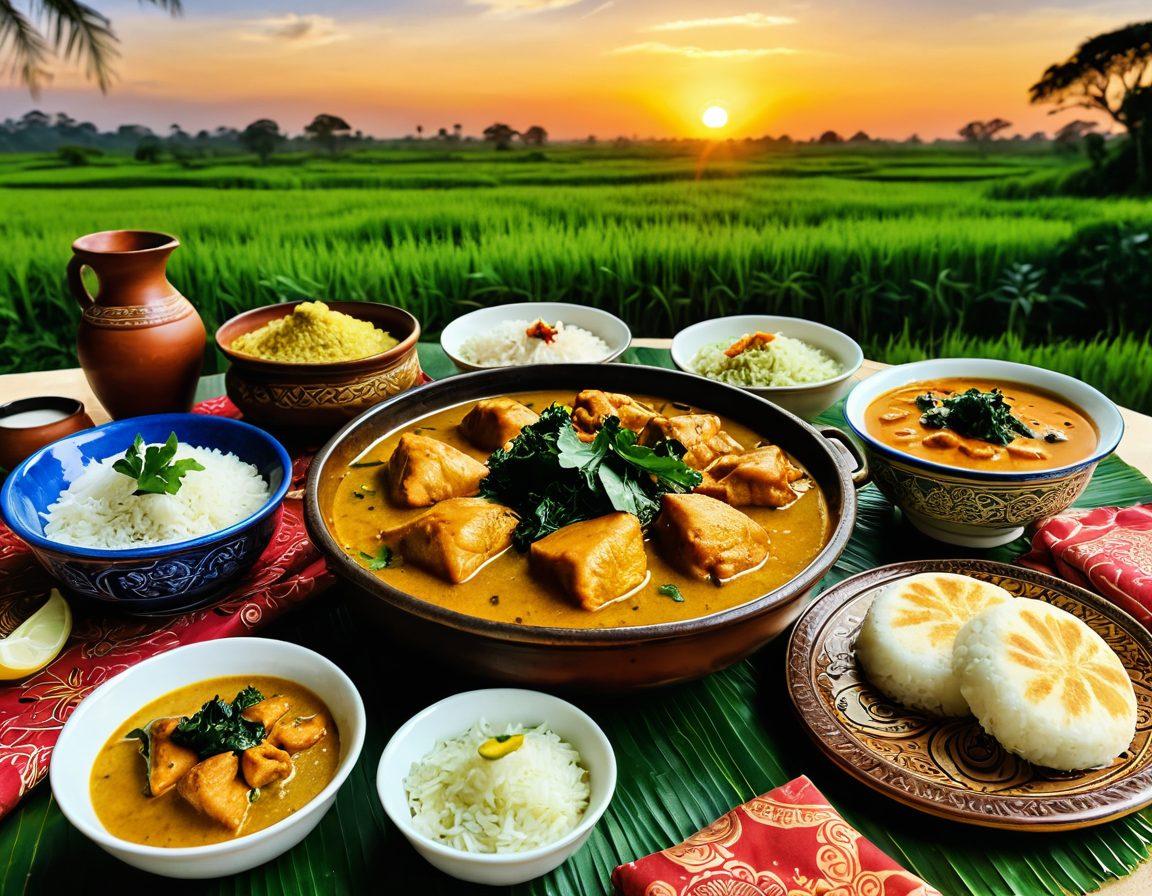 A beautifully arranged traditional Bengali feast showcasing vibrant dishes like fish curry, mustard greens, and sweet rasgulla, surrounded by intricate pottery and colorful fabric that reflects Bengali culture. A serene backdrop of lush green rice fields under a sunset sky. super-realistic. vibrant colors. 3D.